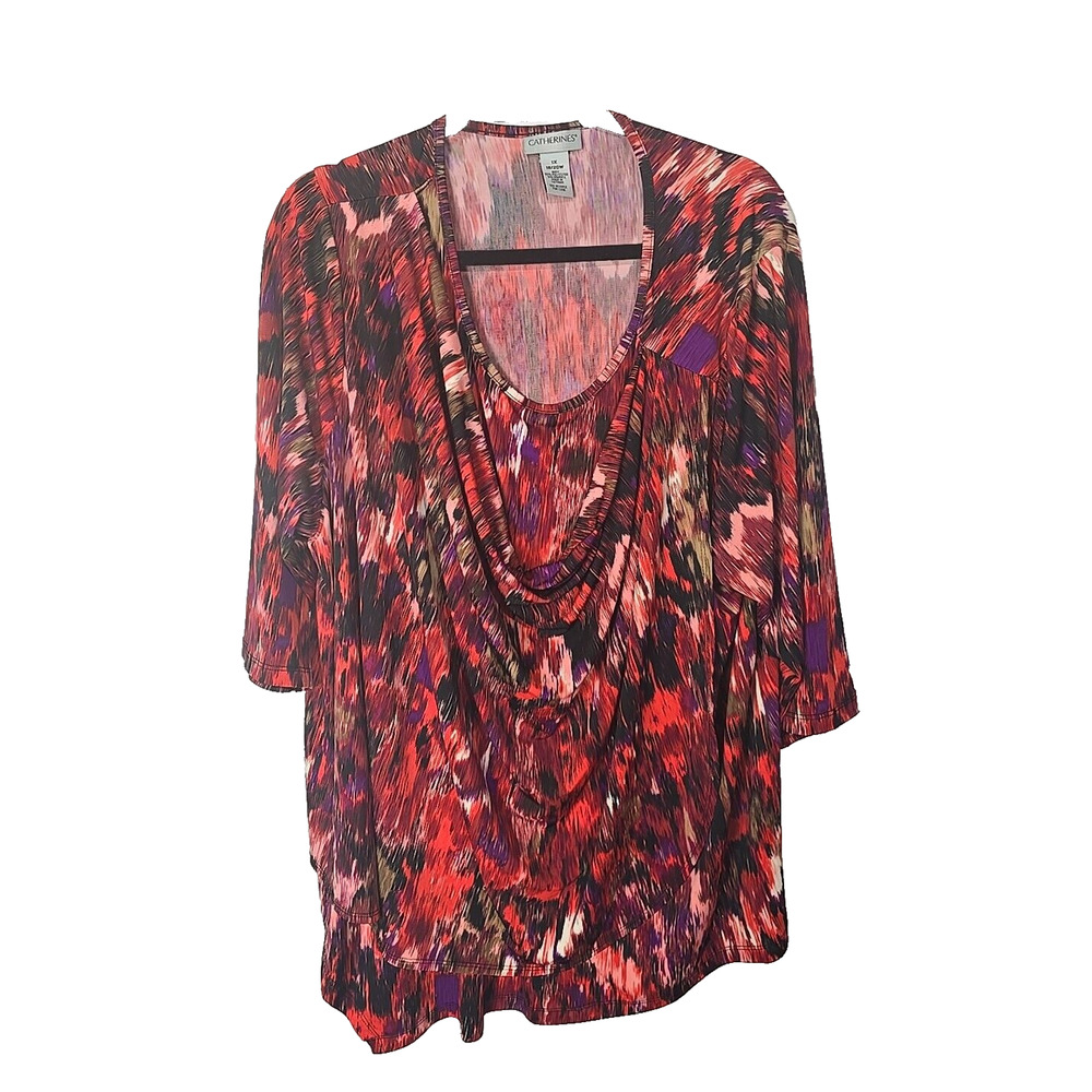 Catherines Burgundy Abstract Draped Neck 3/4 Sleeve Tunic Top Womens Size 1X